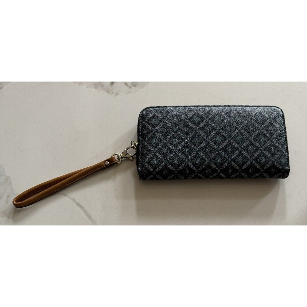 Fossil Sydney Signature Fan Blue Diamond Zip Around Leather  Wallet Wristlet